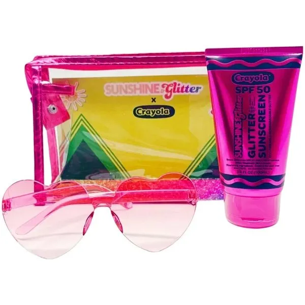 Crayola Glitter Sunscreen and Pink Sunglasses Travel Bag Set - Jazzberry Jam (3-Piece Set) TSA Approved,  For All Ages