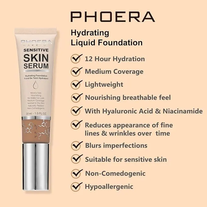 Foundation with Hyaluronic Acid & Niacinamide,12h Moisturising,Lightweight and Hydrating,Medium Coverage Foundation